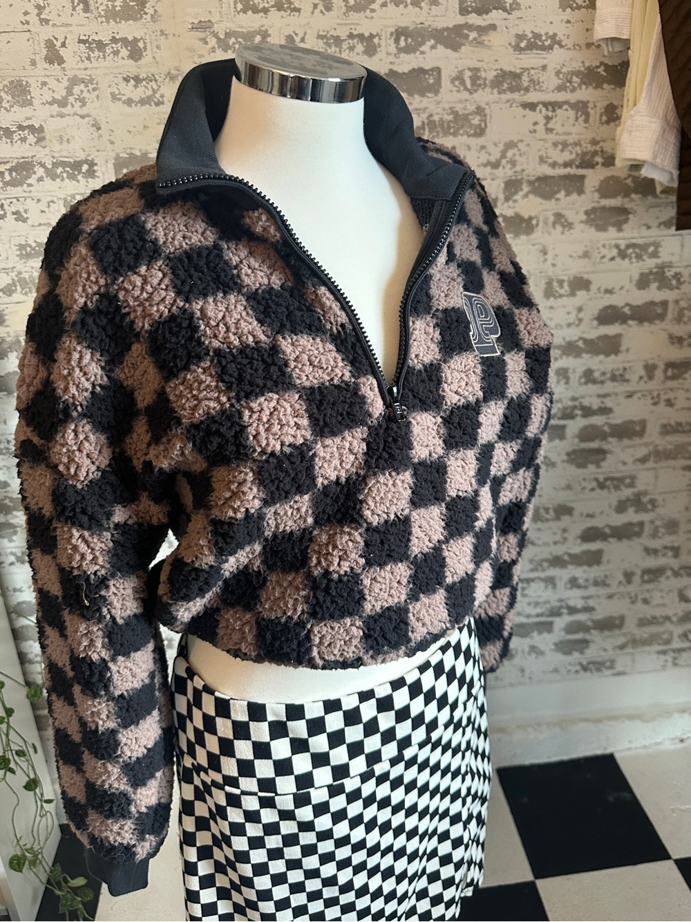 PINK Victoria's Secret Checkered Teddy Half-Zip Jacket in Black and Mauve